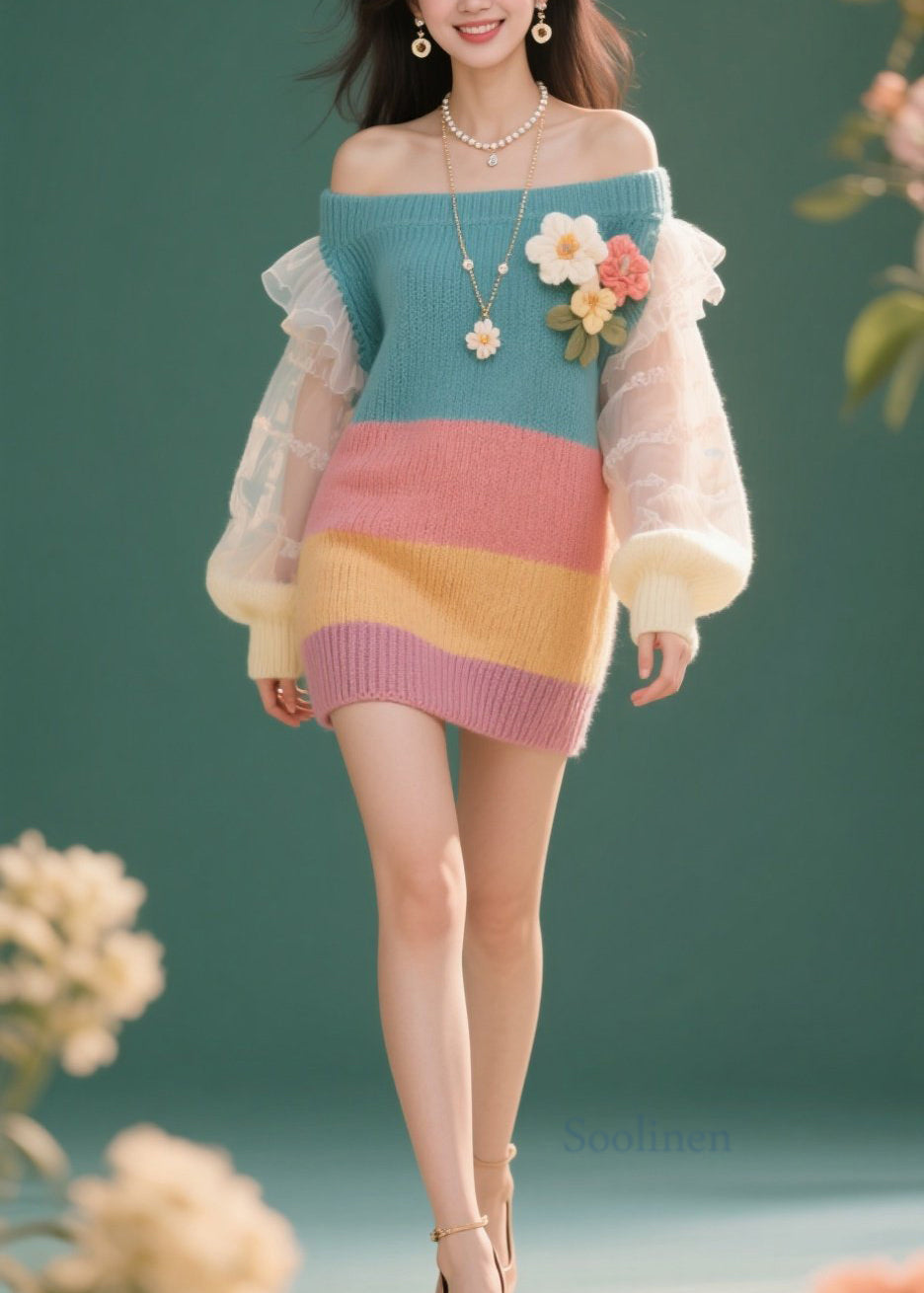 French Colorblock Cold Shoulder Tulle Floral Knit Dress Fall