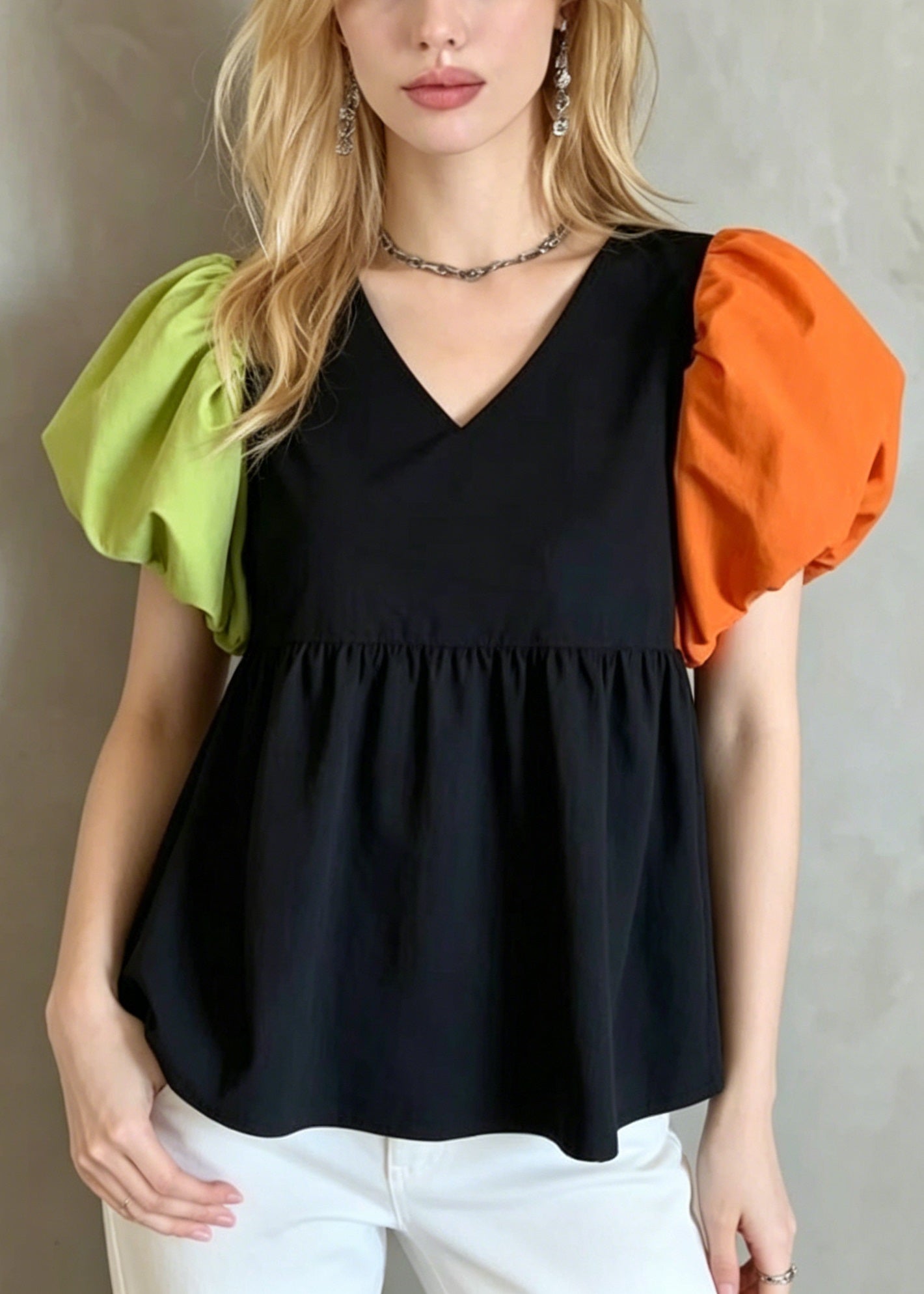 French Colorblock Puff Sleeve Patchwork Cotton Shirt Top
