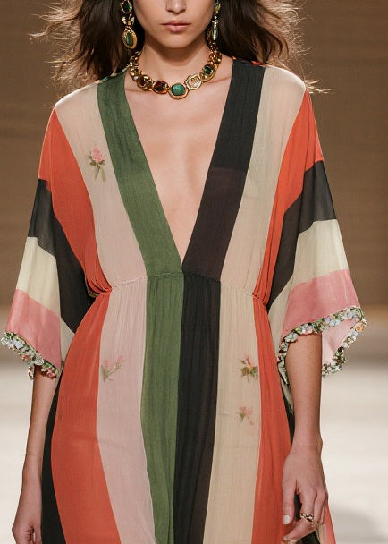 French Colorblock Striped Draping Chiffon Maxi Dresses Summer