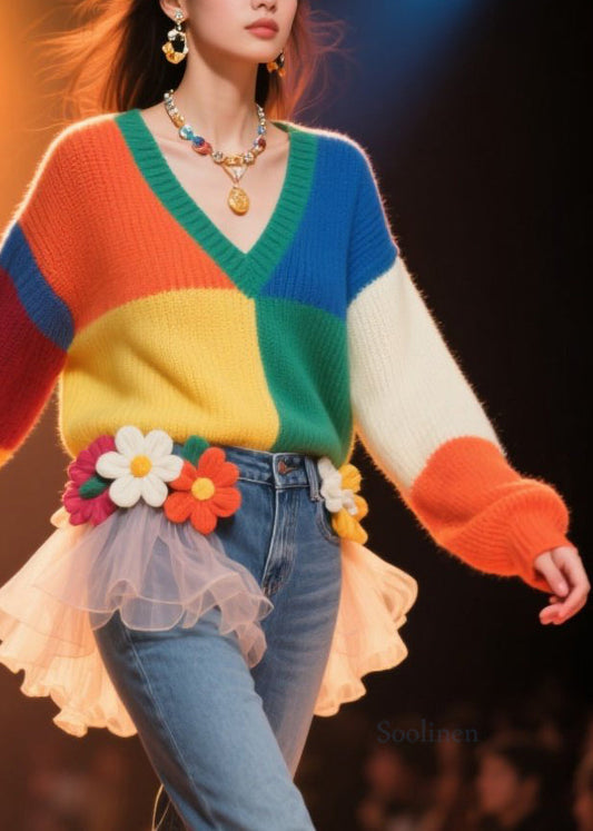 French Colorblock V Neck Loose Knit Pullover Fall