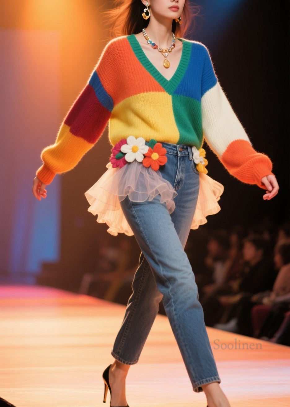 French Colorblock V Neck Loose Knit Pullover Fall