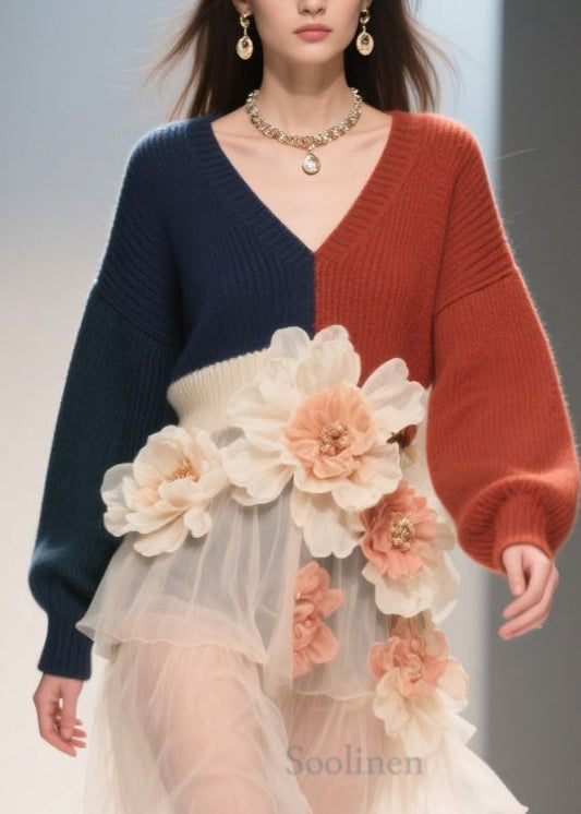 French Colorblock V Neck Tulle Floral Patchwork Knit Dress Fall