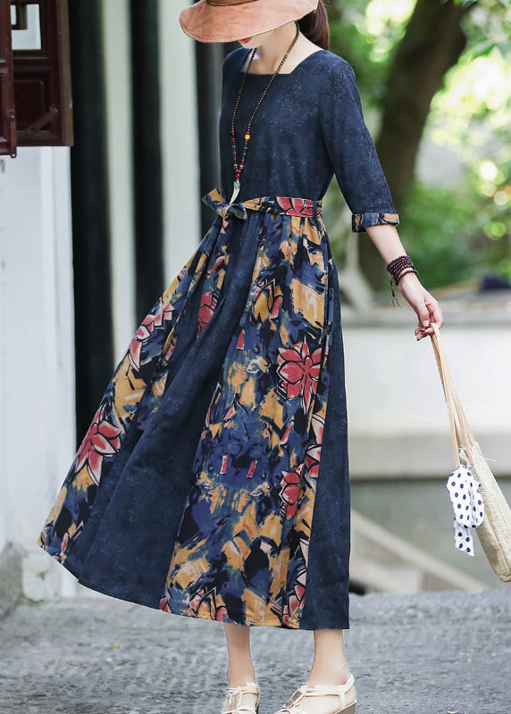 French Dark Blue Square Collar Tie Waist Patchwork Party Dress Half Sleeve