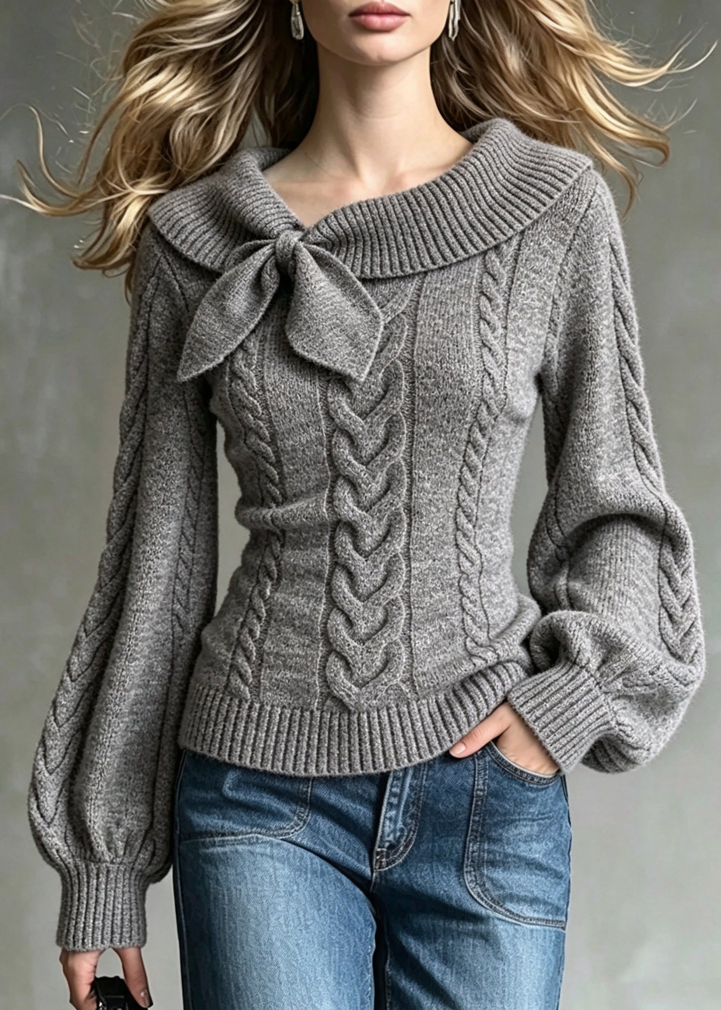 French Dark Grey Slash Neck Bow Knit Sweaters Lantern Sleeve