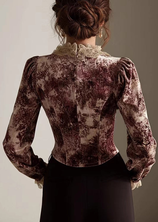 French Dark Red Puff Sleeve Lace Patchwork Cotton Blouse Tops