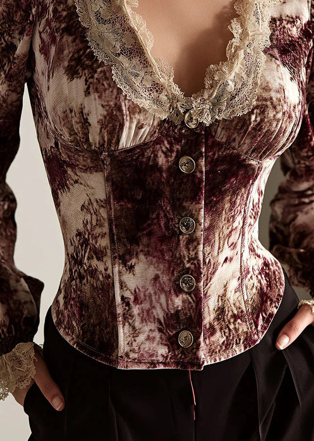 French Dark Red Puff Sleeve Lace Patchwork Cotton Blouse Tops