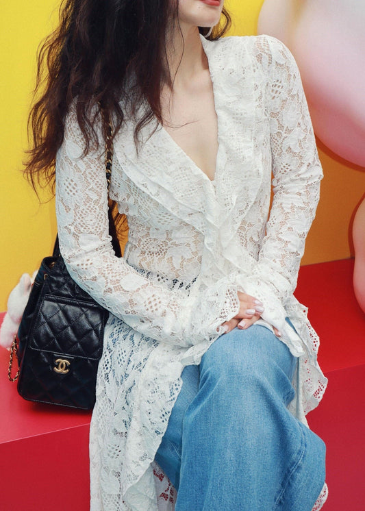 French Fashion White Lace Long V-Neck Cardigan Fall