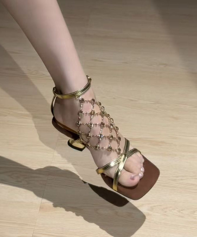 French Gold Fishing Net Sparkling Diamond Chunky Heel Sandals