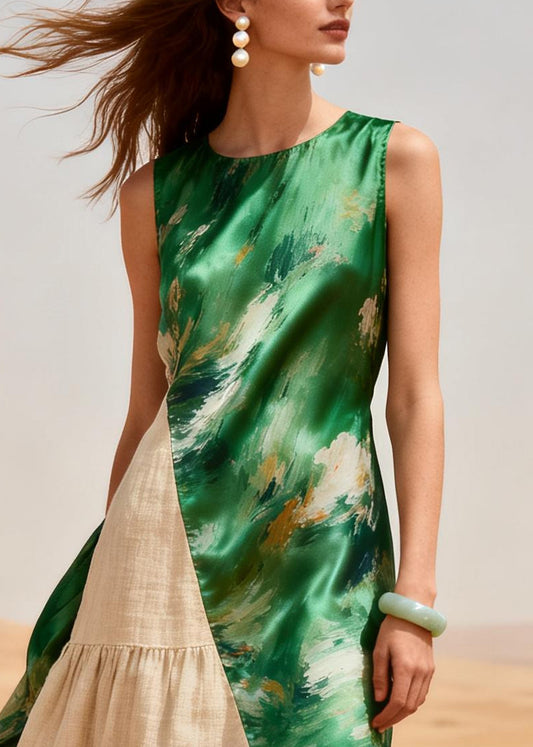 French Green Asymmetrical Patchwork Linen Silk Dress Summer