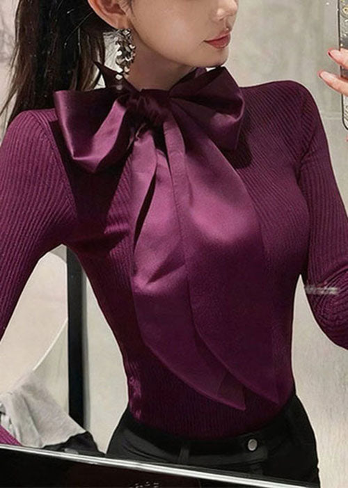 French Green Bow Patchwork Slim Fit Knit Sweaters Spring