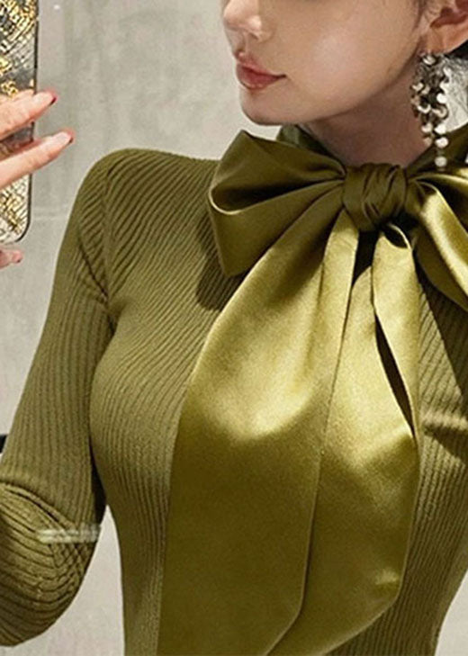 French Green Bow Patchwork Slim Fit Knit Sweaters Spring