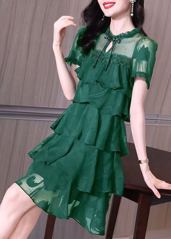 French Green Layered Ruffled Patchwork Chiffon Dresses Summer
