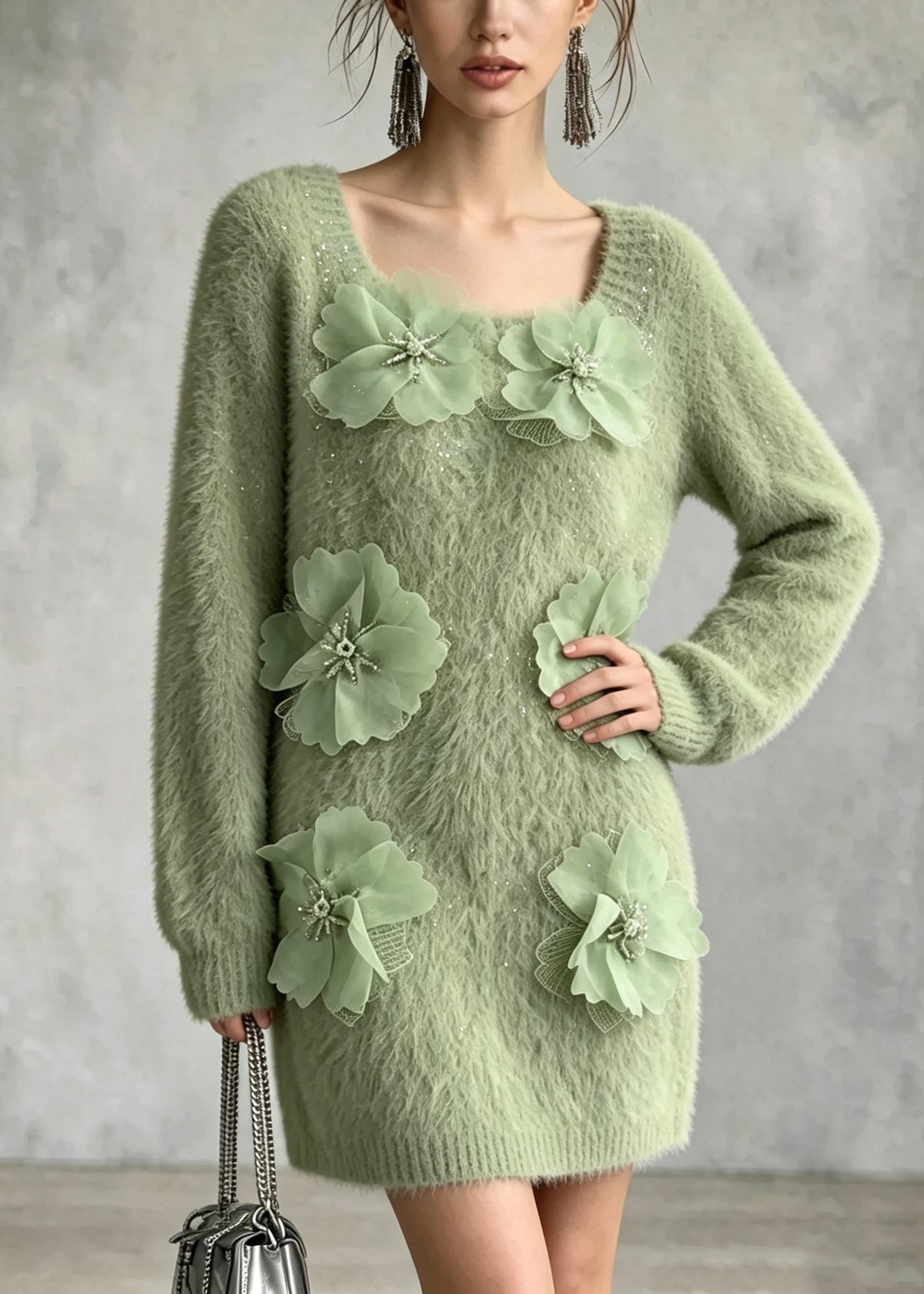 French Green O Neck Floral Zircon Mink Hair Knitted Sweater Fall