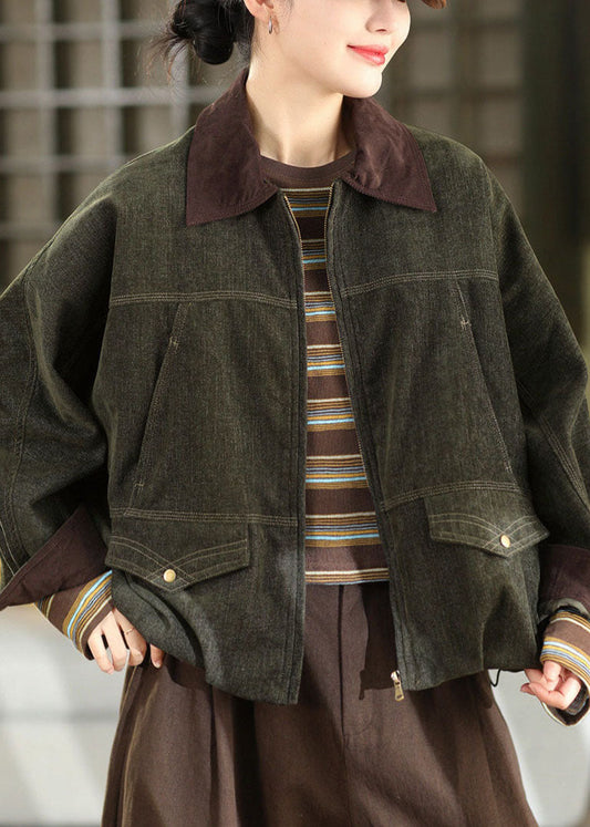French Green Peter Pan Collar PocketsPatchwork Cotton Coat Fall