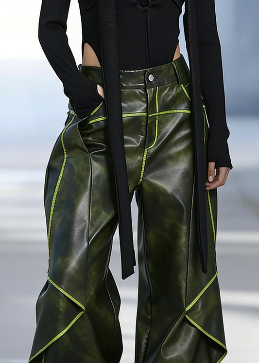French Green Pockets High Waist Faux Leather Pants Spring
