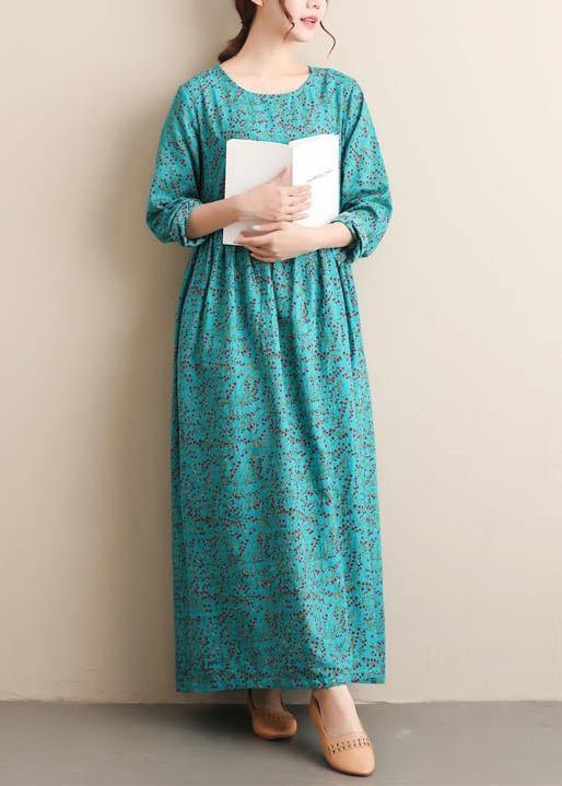 French Green Print Tunics O Neck Cinched Dresses Dress - SooLinen