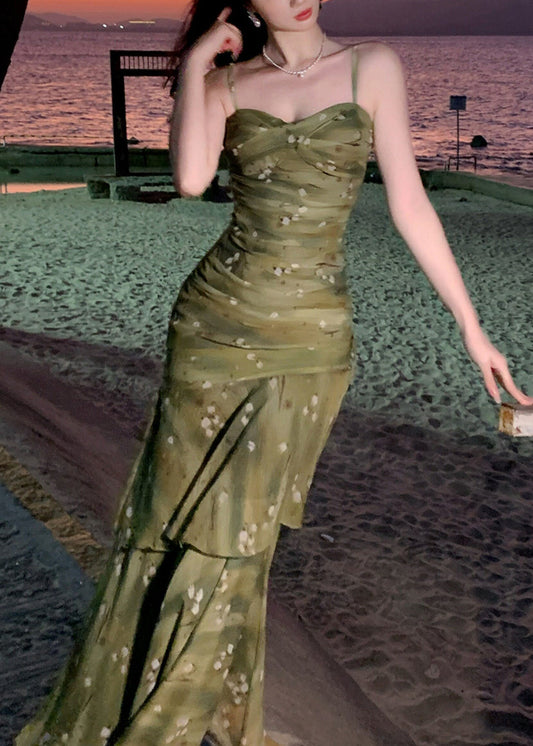 French Green Print Wrinkled Maxi Spaghetti Strap Dress Summer