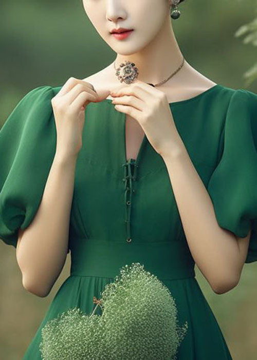 French Green Puff Sleeve Patchwork Wrinkled Chiffon Dresses