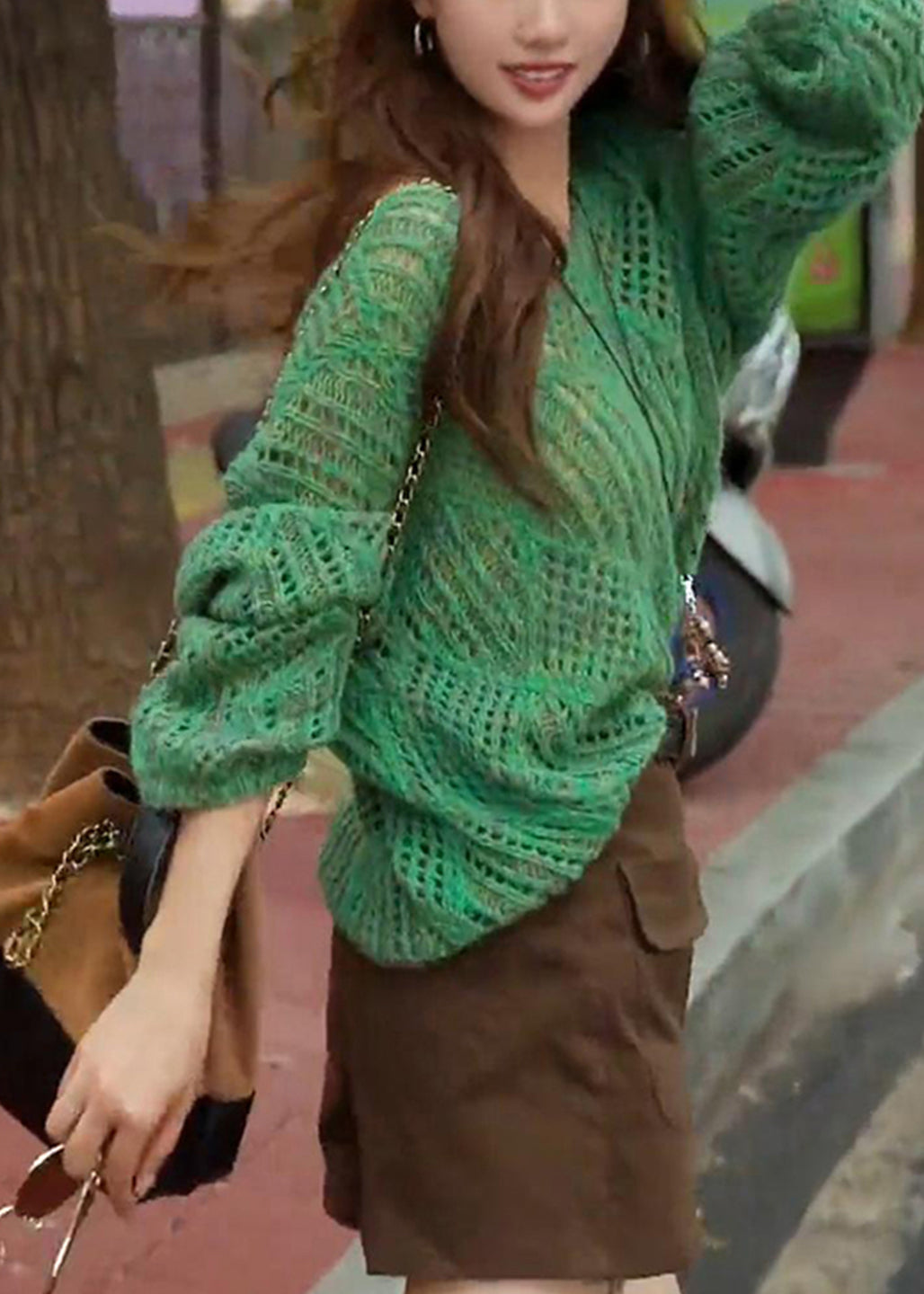 French Green V Neck Hollow Out Knit Sweaters Top Spring