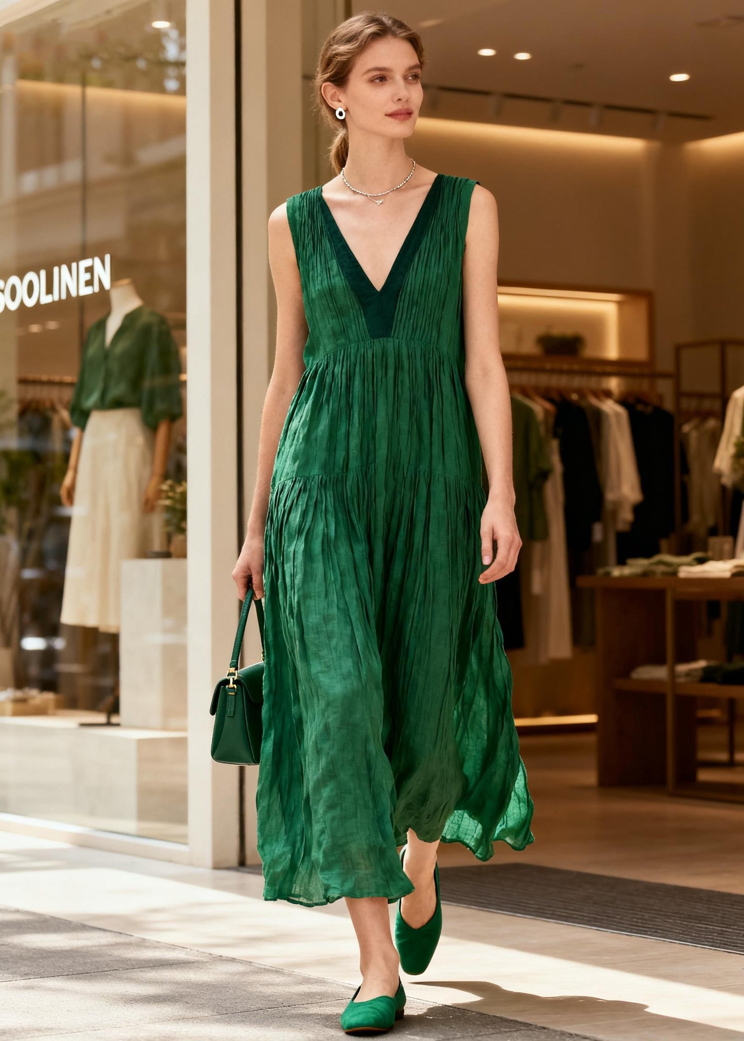 French Green V Neck Wrinkled Patchwork Cotton Maxi Dresses Sleeveless