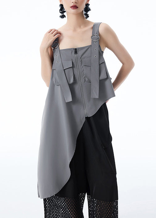 French Grey Asymmetrical Design Pockets Patchwork Cotton Top Summer