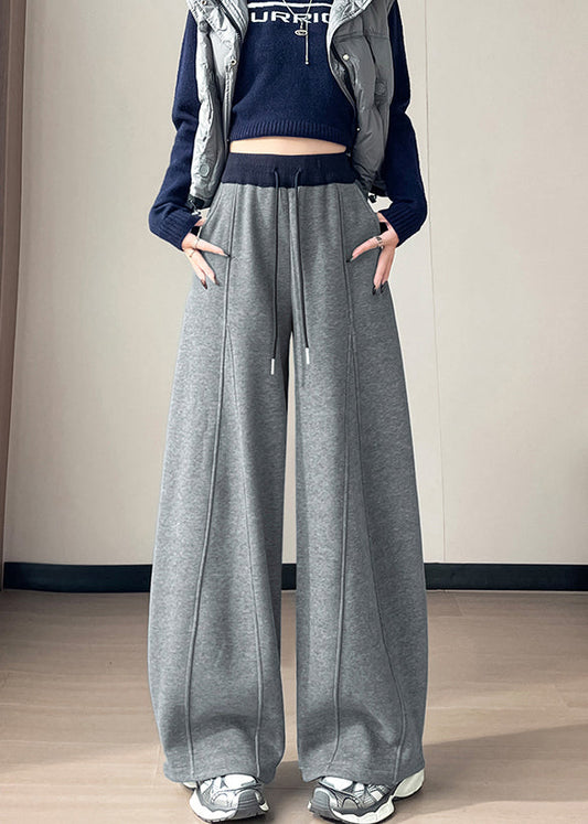 French Grey Drawstring Patchwork Warm Fleece Harem Pants Winter