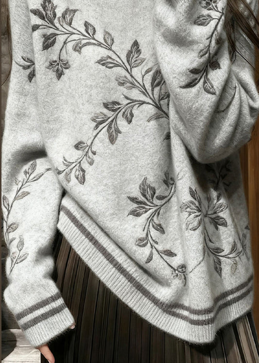 French Grey Embroidered Knit Sweater Tops Winter