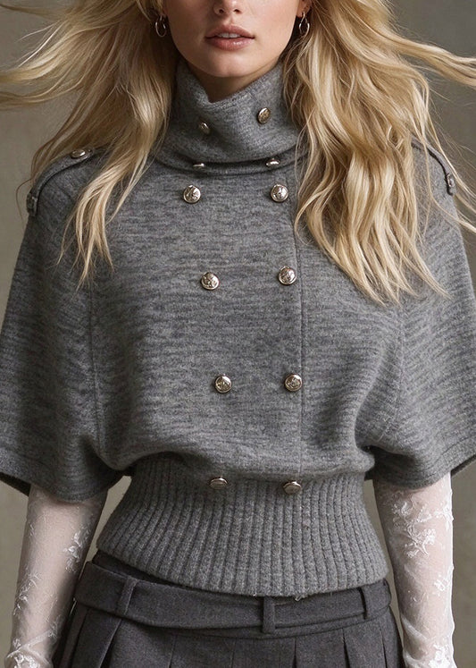 French Grey Hign Neck Patchwork Knit Sweaters Fall