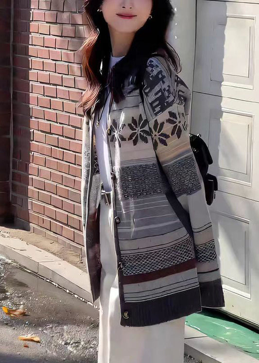 French Grey O Neck Button Jacquard Knit Cardigan Fall