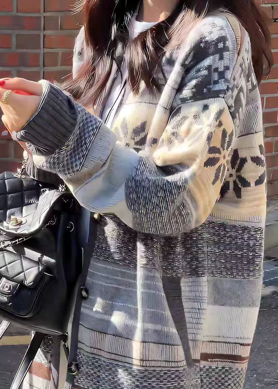 French Grey O Neck Button Jacquard Knit Cardigan Fall