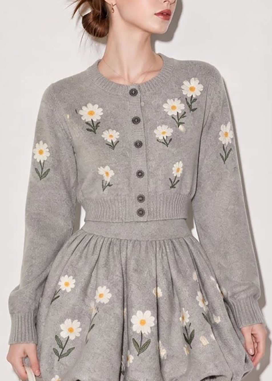 French Grey O-Neck Daisy Cardigan And Bubble Mini Skirt Knit Two Pieces Set Fall