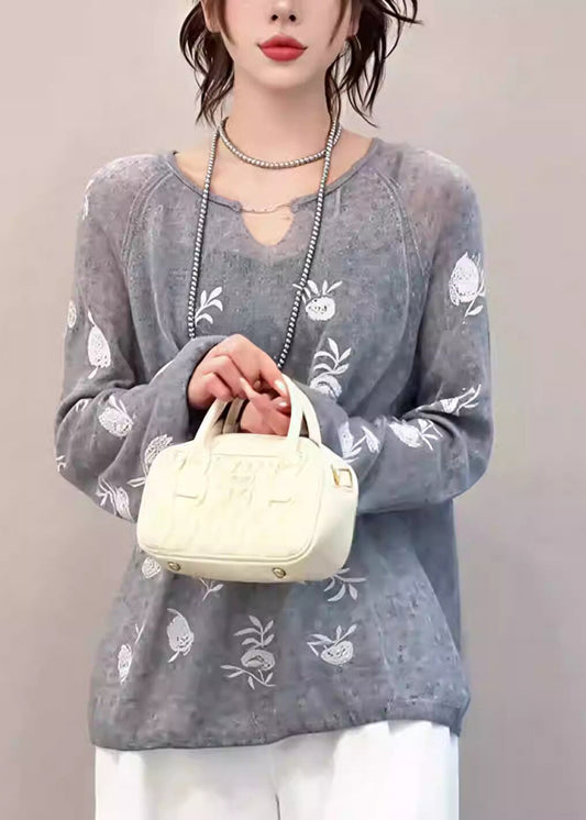 French Grey O Neck Embroidered Knit Top Fall