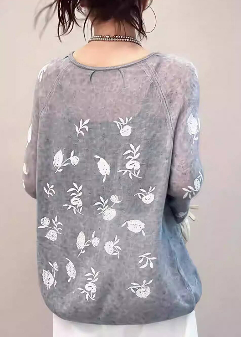 French Grey O Neck Embroidered Knit Top Fall