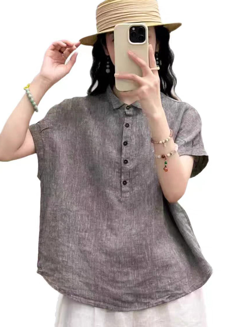 French Grey Peter Pan Collar Linen Loose Shirt Top Summer