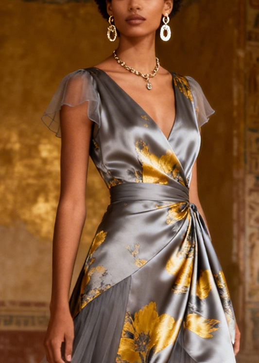 French Grey Print Patchwork Tulle Silk Dinner Dress Summer