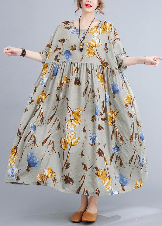 French Grey Print Wrinkled Long Dress Short Sleeve