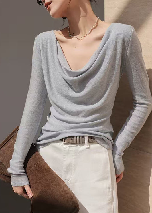 French Grey Turtle Neck Wool Knit Top Spring