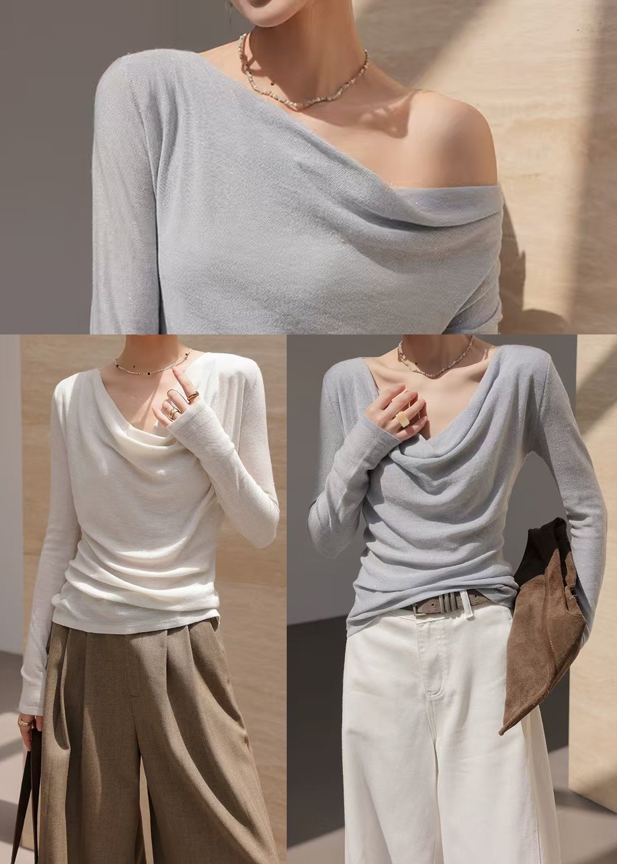 French Grey Turtle Neck Wool Knit Top Spring