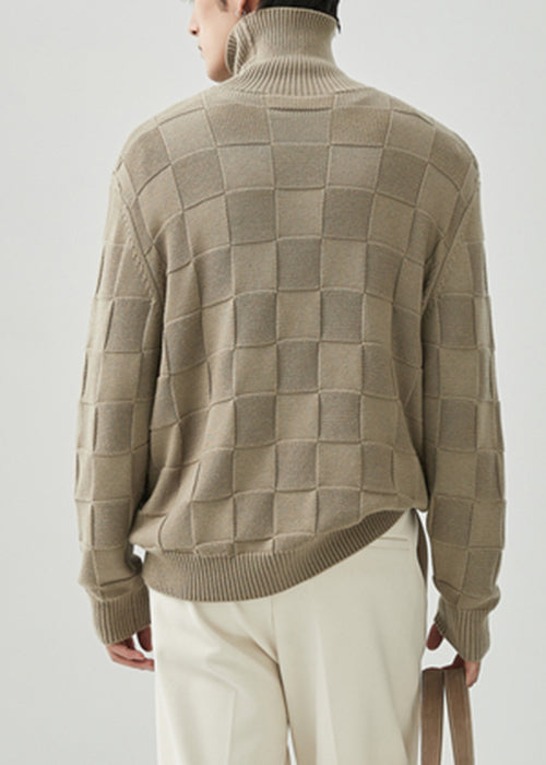 French Grey Turtleneck Plaid Knit Men Sweater Tops Fall