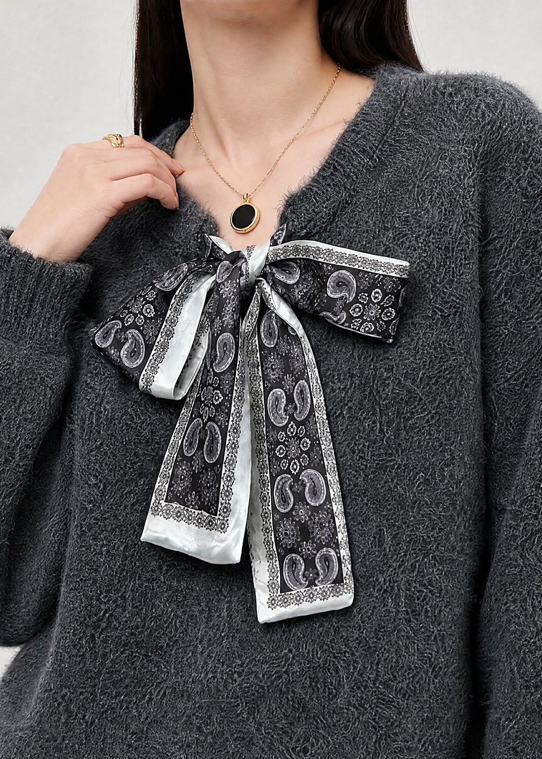 French Grey V Neck Bow Lace Up Knit Sweaters Fall