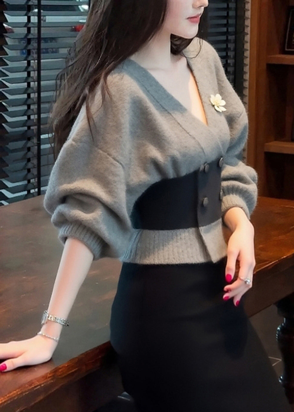 French Grey V Neck Button Patchwork Knit Coats Winter