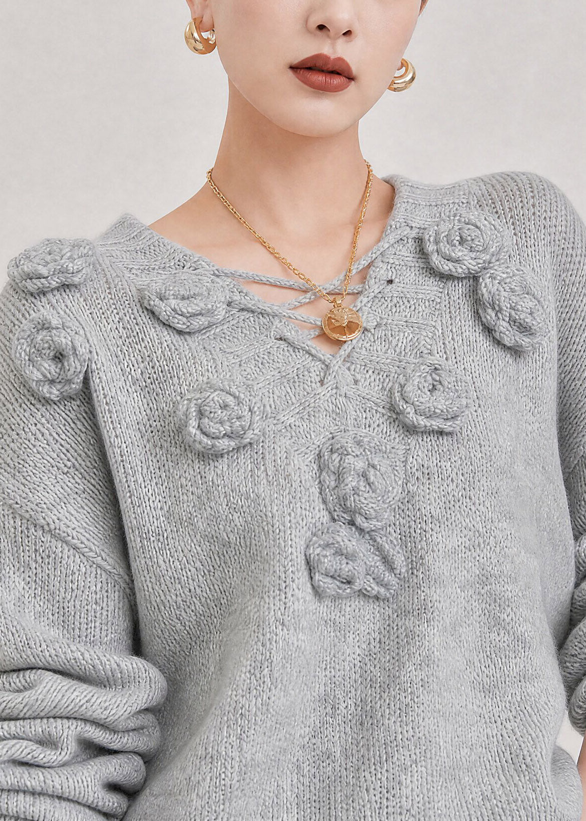 French Grey V Neck Floral Cotton Knit Sweater Long Sleeve