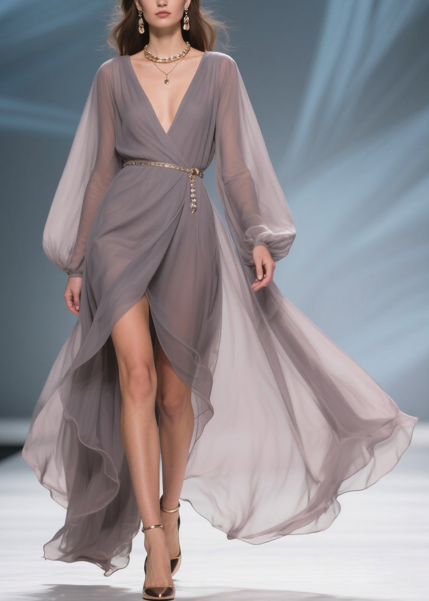 French Grey V Neck Side Open Chiffon Long Dresses Spring