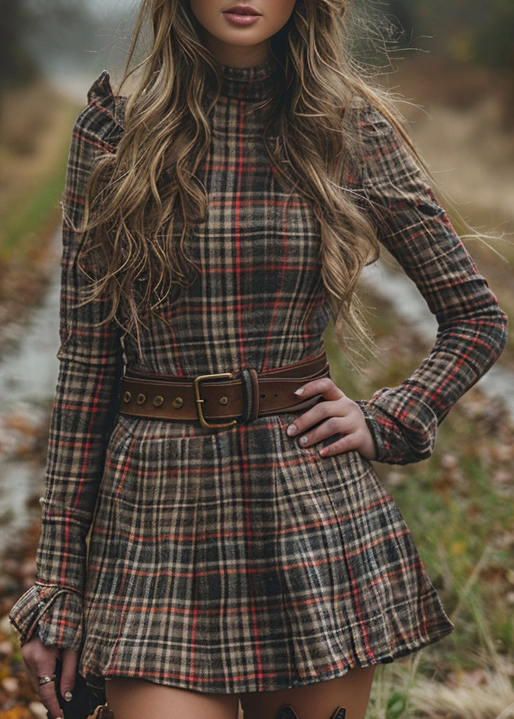 French Half High Neck Ruffled Plaid Cotton Dress Spring