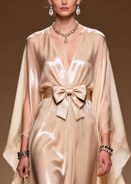 French Khaki Bow Exra Large Hem Chiffon Dinner Dresses Summer