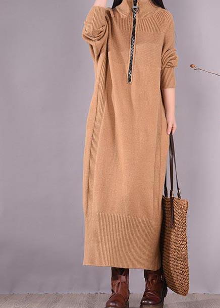 French Khaki Dress Zippered Pockets Dresses Spring Dress - SooLinen
