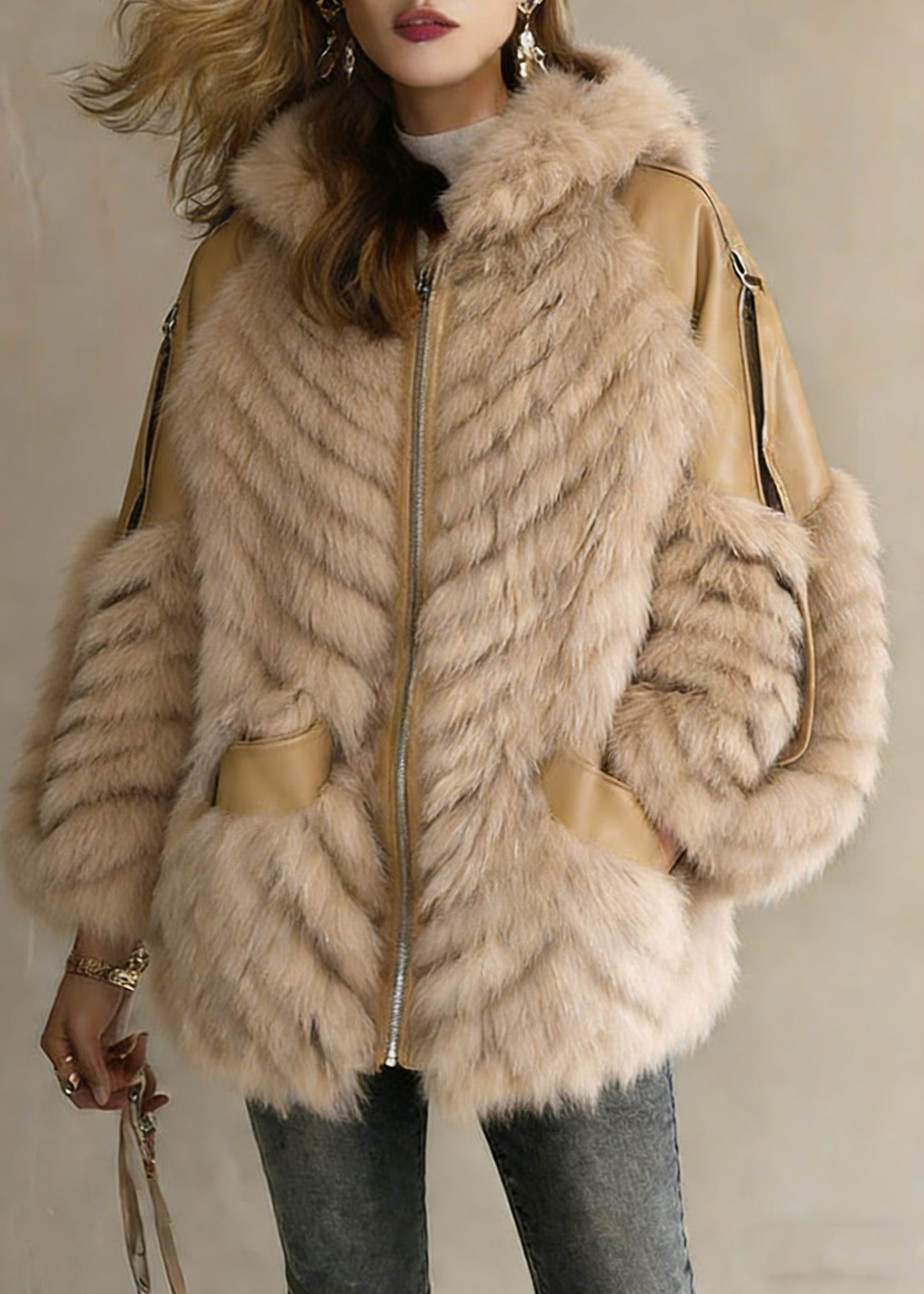 French Khaki Hooded Pockets Patchwork Leather And Fur Coats Winter