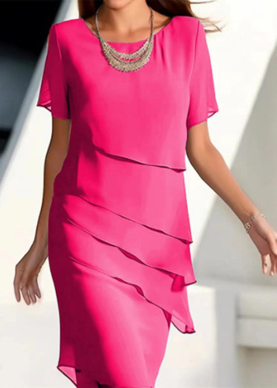 French Khaki O-Neck Layered Solid Chiffon Maxi Dresses Short Sleeve