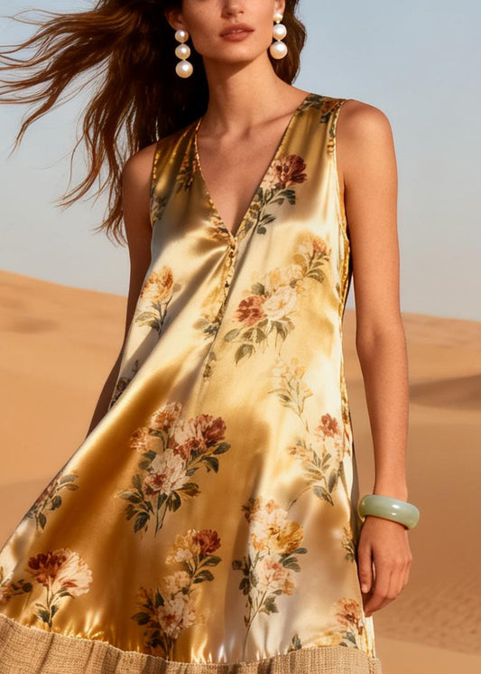 French Khaki Oversized Patchwork Silk Holiday Dress Summer