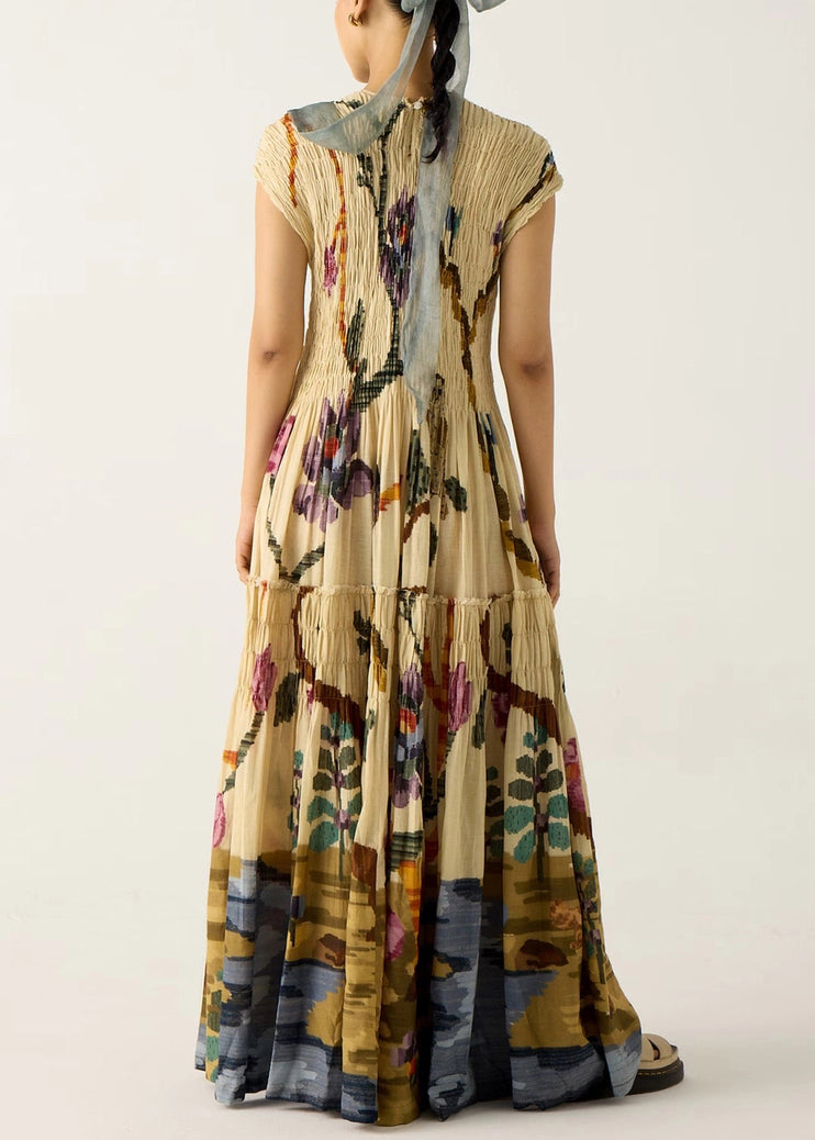 French Khaki Print Ruffled Cotton Maxi Dresses Summer